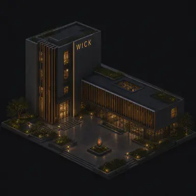 Isometric pixel-art headquarters of Wick