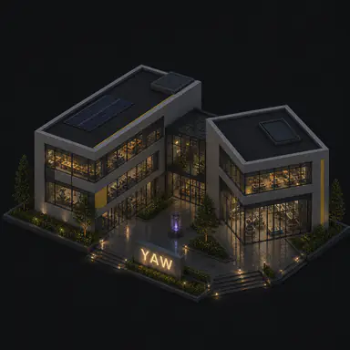 Isometric pixel-art headquarters of Yaw