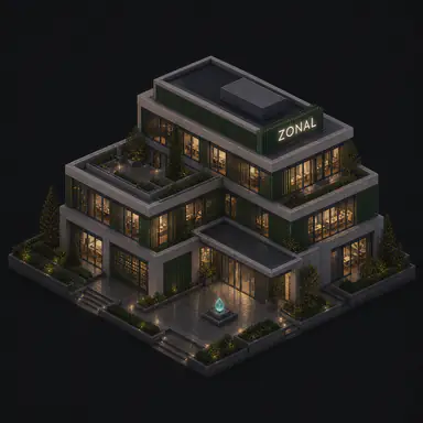 Isometric pixel-art headquarters of Zonal
