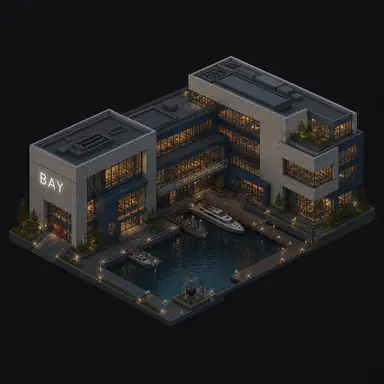 Isometric pixel-art headquarters of Bay