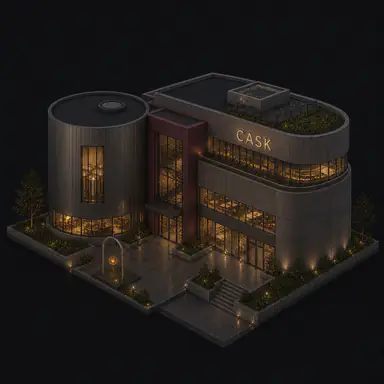 Isometric pixel-art headquarters of Cask