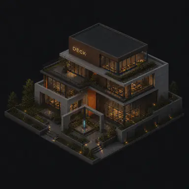 Isometric pixel-art headquarters of Deck