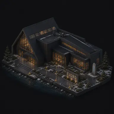Isometric pixel-art headquarters of Fjord