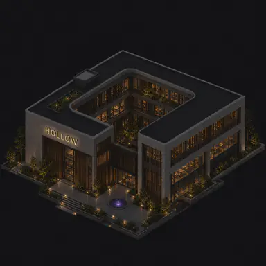 Isometric pixel-art headquarters of Hollow
