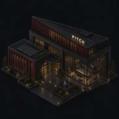 Isometric pixel-art headquarters of Pitch
