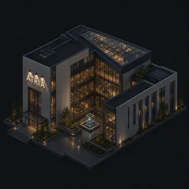 Isometric pixel-art headquarters of Atria