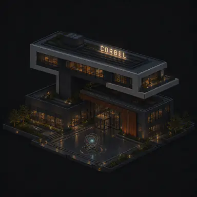 Isometric pixel-art headquarters of Corbel