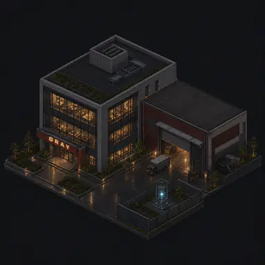 Isometric pixel-art headquarters of Dray