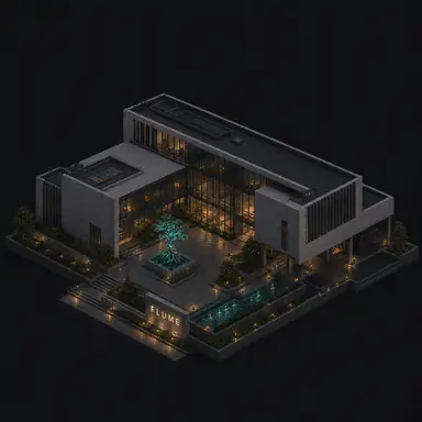 Isometric pixel-art headquarters of Flume