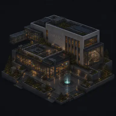 Isometric pixel-art headquarters of Moraine