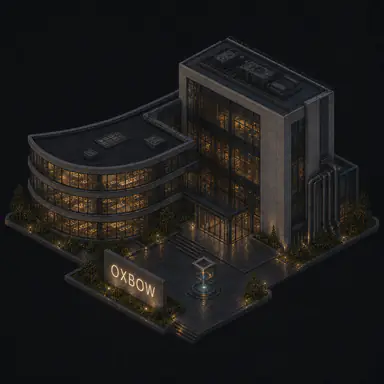 Isometric pixel-art headquarters of Oxbow