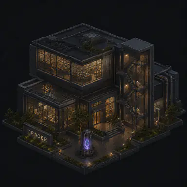 Isometric pixel-art headquarters of Tracer