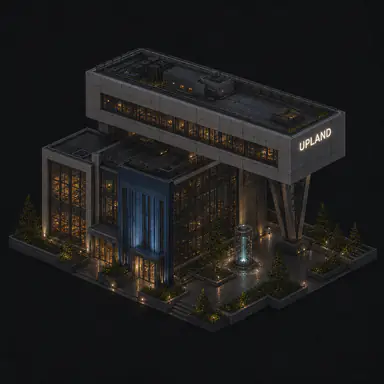 Isometric pixel-art headquarters of Upland