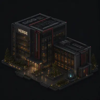 Isometric pixel-art headquarters of Verge