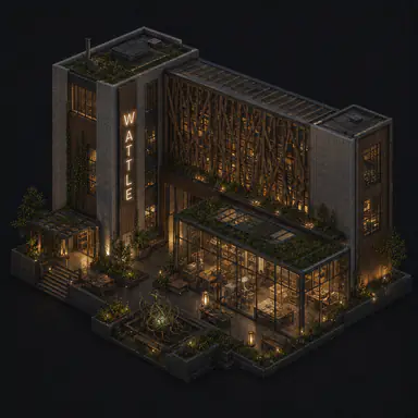 Isometric pixel-art headquarters of Wattle