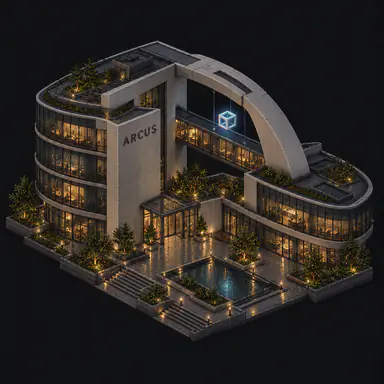 Isometric pixel-art headquarters of Arcus