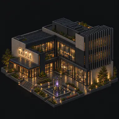 Isometric pixel-art headquarters of Baffle