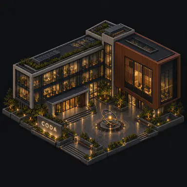 Isometric pixel-art headquarters of Coda