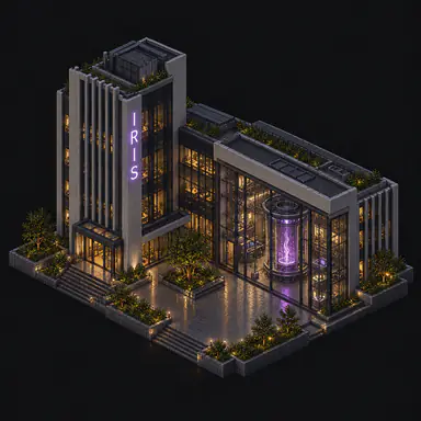 Isometric pixel-art headquarters of Iris