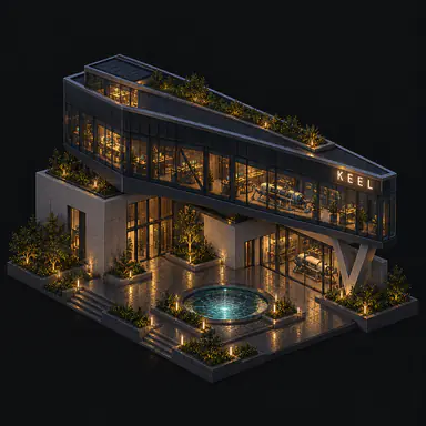 Isometric pixel-art headquarters of Keel