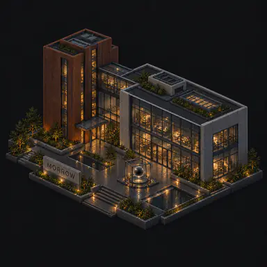 Isometric pixel-art headquarters of Morrow