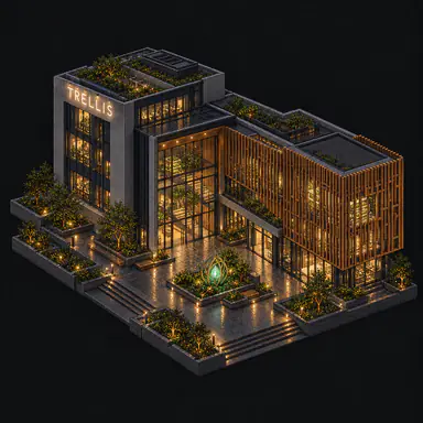 Isometric pixel-art headquarters of Trellis