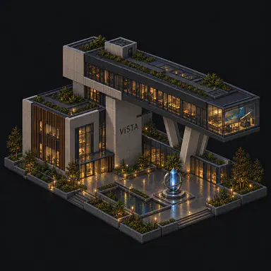 Isometric pixel-art headquarters of Vista