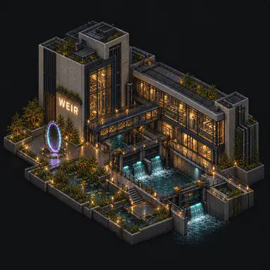 Isometric pixel-art headquarters of Weir