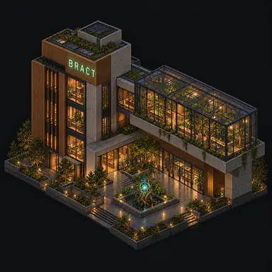 Isometric pixel-art headquarters of Bract
