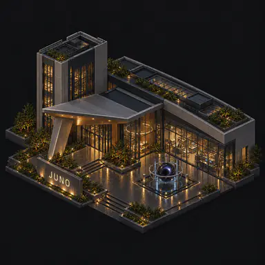 Isometric pixel-art headquarters of Juno
