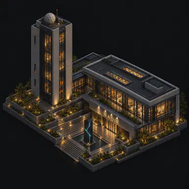 Isometric pixel-art headquarters of Nadir