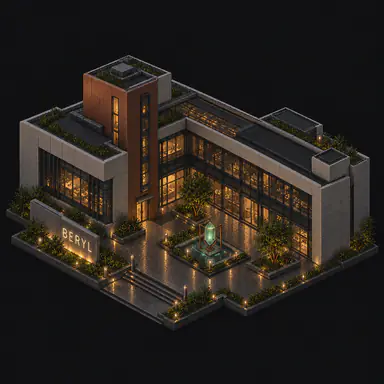 Isometric pixel-art headquarters of Beryl
