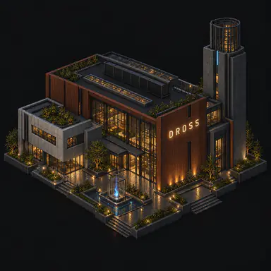 Isometric pixel-art headquarters of Dross