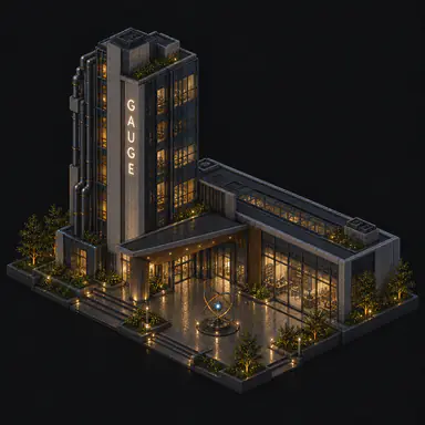Isometric pixel-art headquarters of Gauge