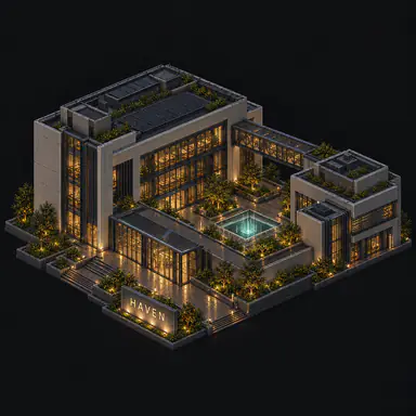 Isometric pixel-art headquarters of Haven