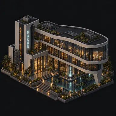 Isometric pixel-art headquarters of Nacre