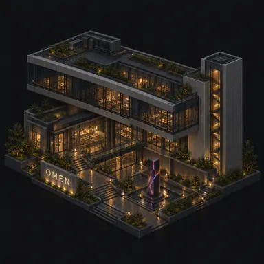 Isometric pixel-art headquarters of Omen