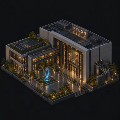 Isometric pixel-art headquarters of Pylon