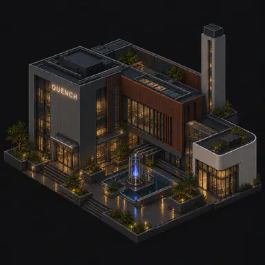 Isometric pixel-art headquarters of Quench