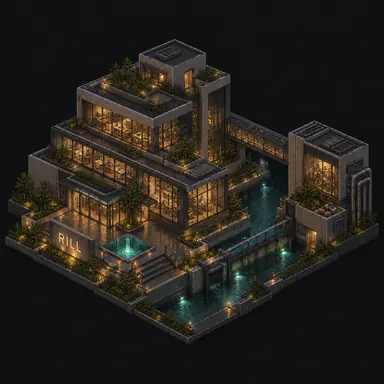 Isometric pixel-art headquarters of Rill