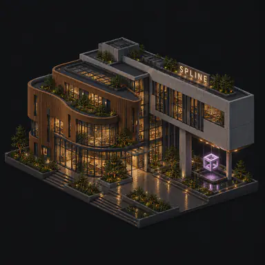 Isometric pixel-art headquarters of Spline