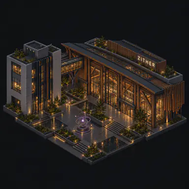 Isometric pixel-art headquarters of Zither