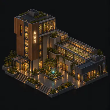 Isometric pixel-art headquarters of Awn