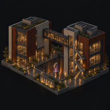 Isometric pixel-art headquarters of Cleft
