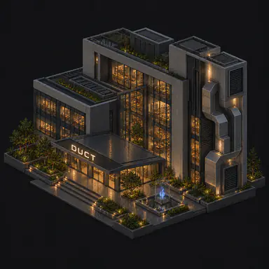 Isometric pixel-art headquarters of Duct