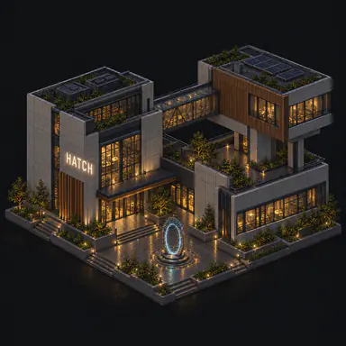 Isometric pixel-art headquarters of Hatch