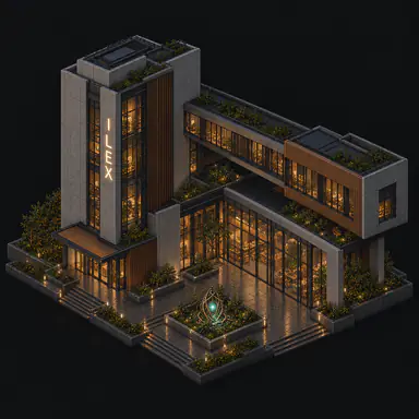 Isometric pixel-art headquarters of Ilex