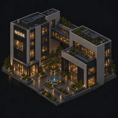 Isometric pixel-art headquarters of Nook