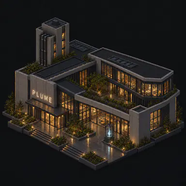 Isometric pixel-art headquarters of Plume