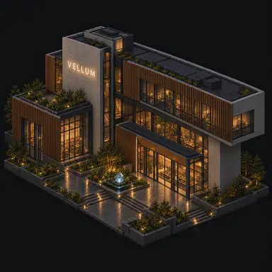 Isometric pixel-art headquarters of Vellum